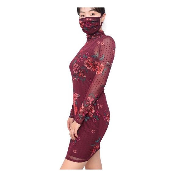 PLANET GOLD Womens Burgundy Textured Mesh Long Sleeve Short Sheath Dress L - Picture 1 of 4